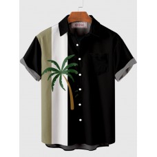 1960s Coconut Tree Printing Black & Green & White Stitching Short Sleeve Shirt