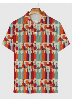 Contrasting Color Block Art Bottles And Cups Pattern Printing Men‘s Short Sleeve Polo