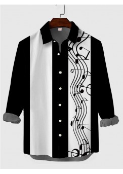 Retro Black & White Stripe Wavy Sheet Music Printing Men's Long Sleeve Shirt