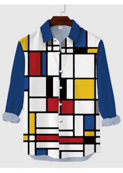 Plaid Series Abstract Painting Piet Mondrian Checkered Printing Men's Long Sleeve Shirt