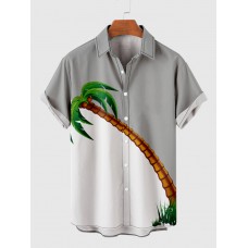 Gray & White Stitching Coconut Tree Printing Men's Short Sleeve Shirt