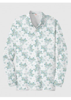 Full-Print Blue Watercolor Floral Pattern Printing Men‘s Long Sleeve Polo