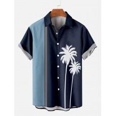 Retro LightSkyBlue & Navy Stitching Coconut Trees Printing Men's Short Sleeve Shirt