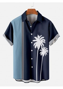 Retro LightSkyBlue & Navy Stitching Coconut Trees Printing Men's Short Sleeve Shirt