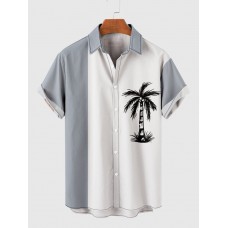 Blue-Grey and White Matching Coconut Tree Printing Men's Short Sleeve Shirt