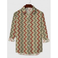 Medieval Pattern Khaki Vertical Stripes Waves Printing Men's Long Sleeve Shirt