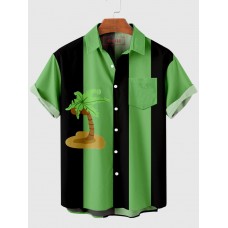 Coconut Tree Printing Black and LightGreen Stitching Men's Short Sleeve Shirt
